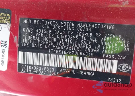 2007 Toyota Camry Le from USA, damaged, VIN 4T1BE46K67U064519
